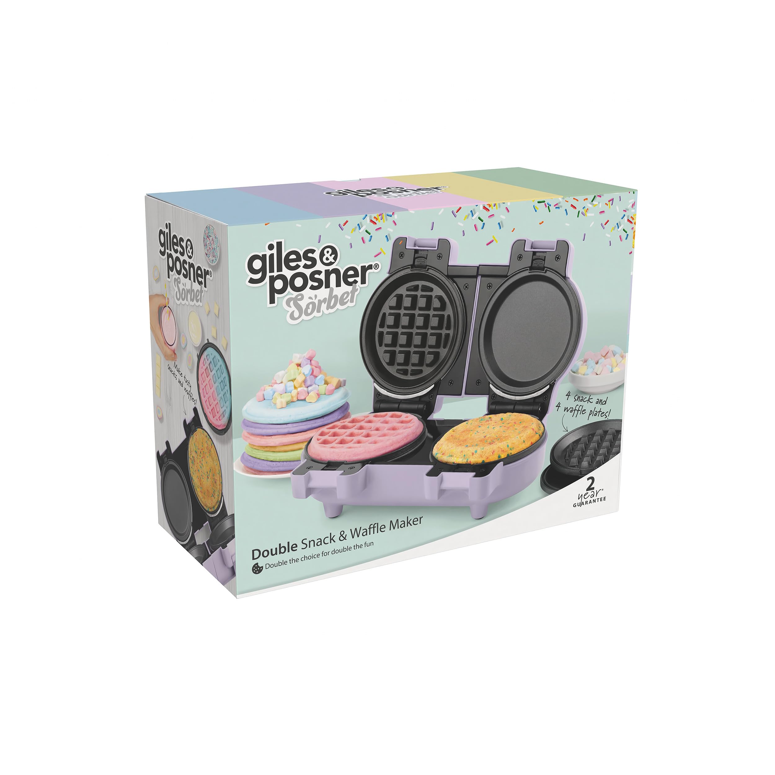 Giles & Posner Appareil de fabrication de snacks– plaques de cuisson amovibles antiadhésives, compact, inclut 4 plates pour omelettes et gâteaux, 4 à gaufres, violet pastel.
