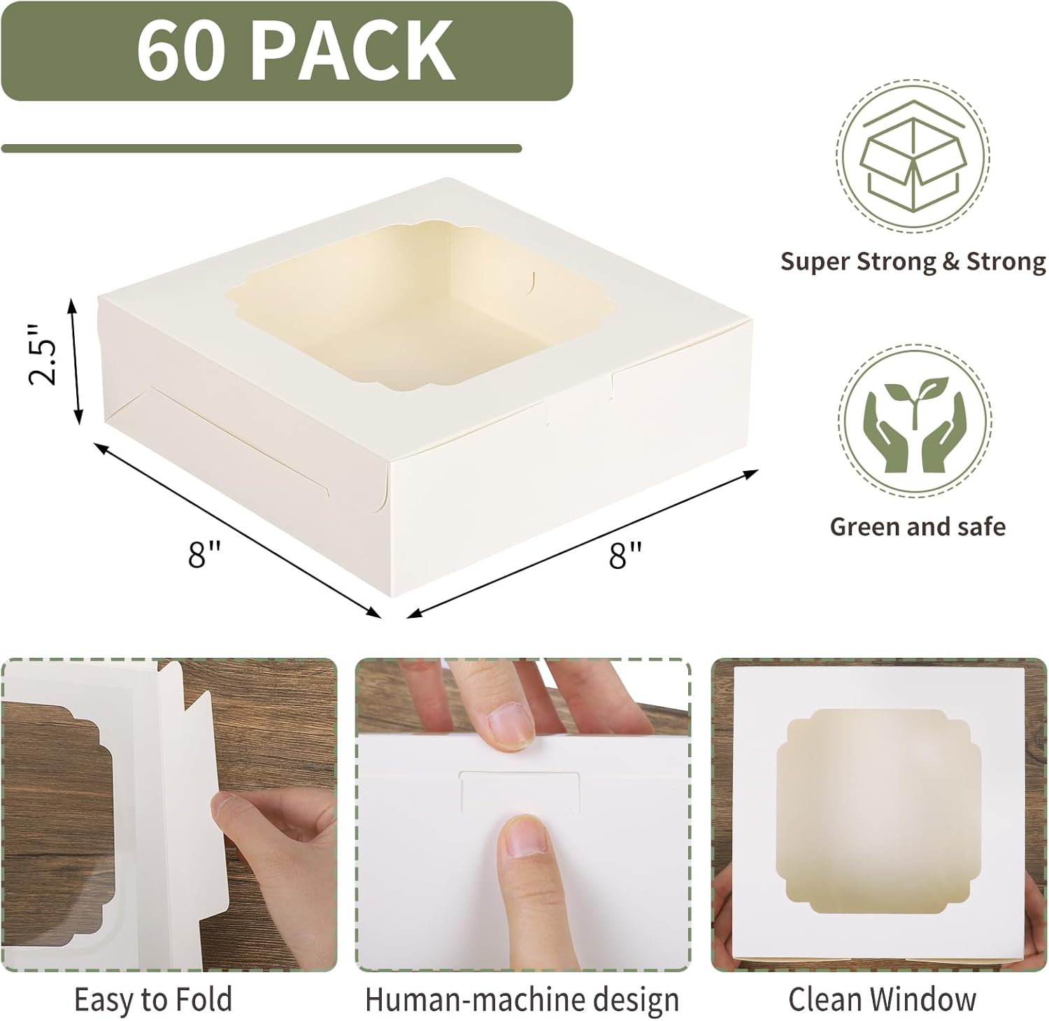 TOMNK 60pcs Cookie Boxes, 8x8x2.5 Inches Bakery Boxes with 2 Style Windows for Chocolate Strawberries, Pie, Pastry, Dessert, Cake, Birthday Party, Mother's Day, Weddings