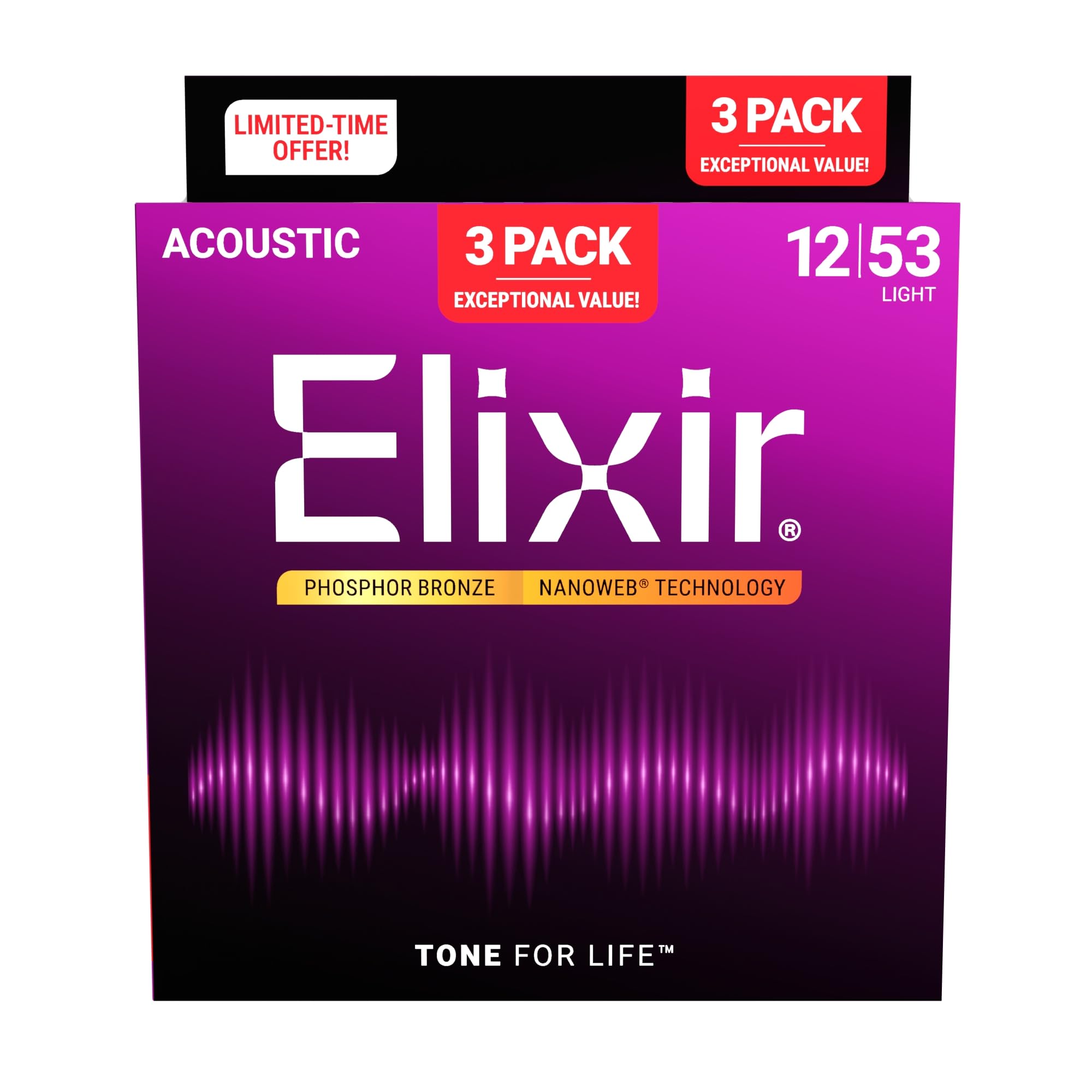 Elixir Cuerdas de guitarra de bronce fosforoso acústico con tecnología NANOWEB, luz 12-53, (paquete de 3 16052), lanzamiento limitado de vacaciones