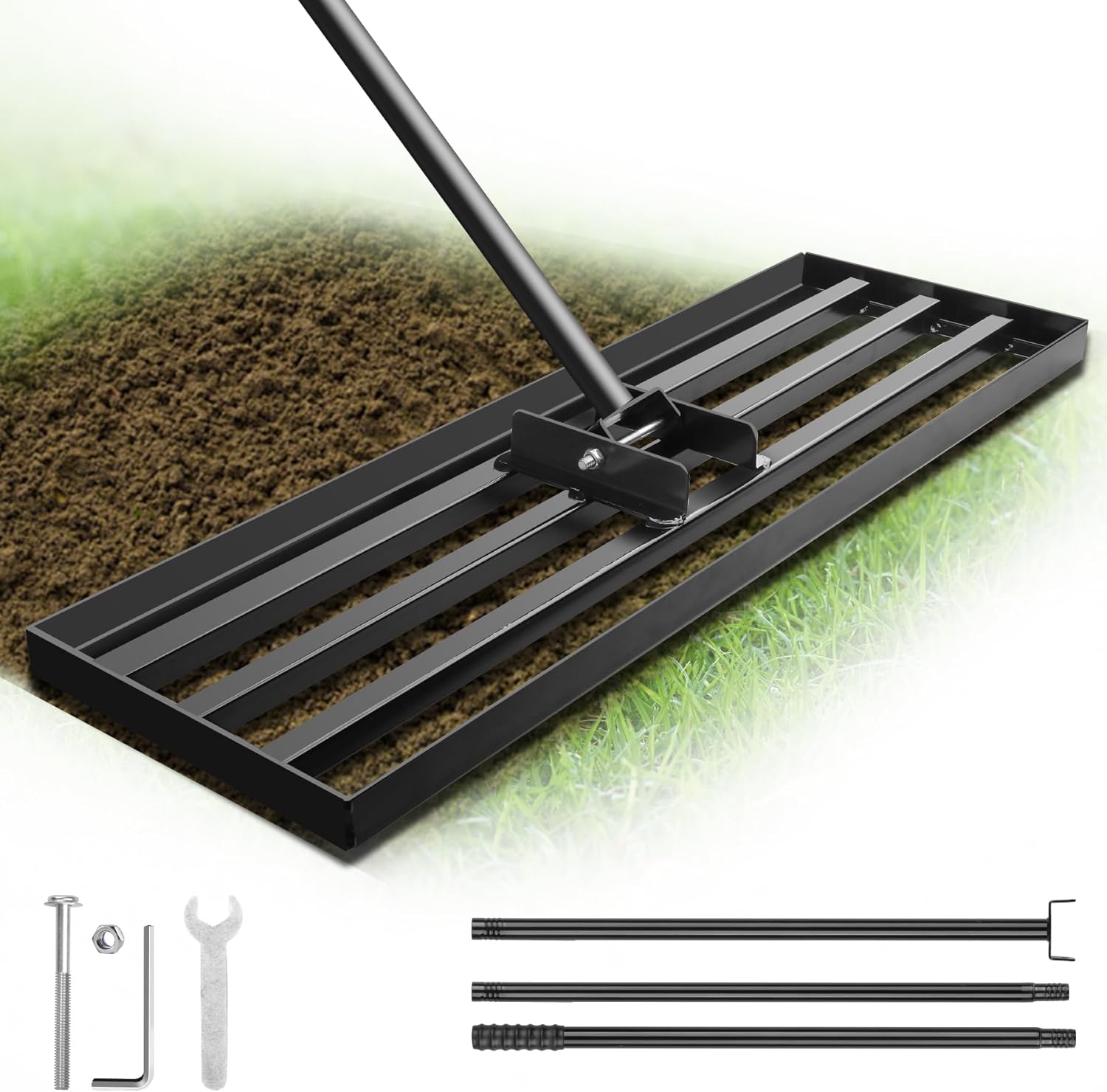 Lawn Leveling Rake for Yard Soil with 7 Feet Adjustable Handle Lawn Leveler, Heavy Duty Yard Leveling Rake Tool Anti-Flip for Soil Golf Courses/Yard Rakes for Lawns (30"x10" rake)