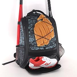 WOLT | Youth Baseball Bag - Backpack for T-Ball & Softball Equipment & Gear, Bat & Glove Holder, Large Main Compartment for Helmet & accessories, Separate Shoes Compartment, Fence Hook (CamoGrey)