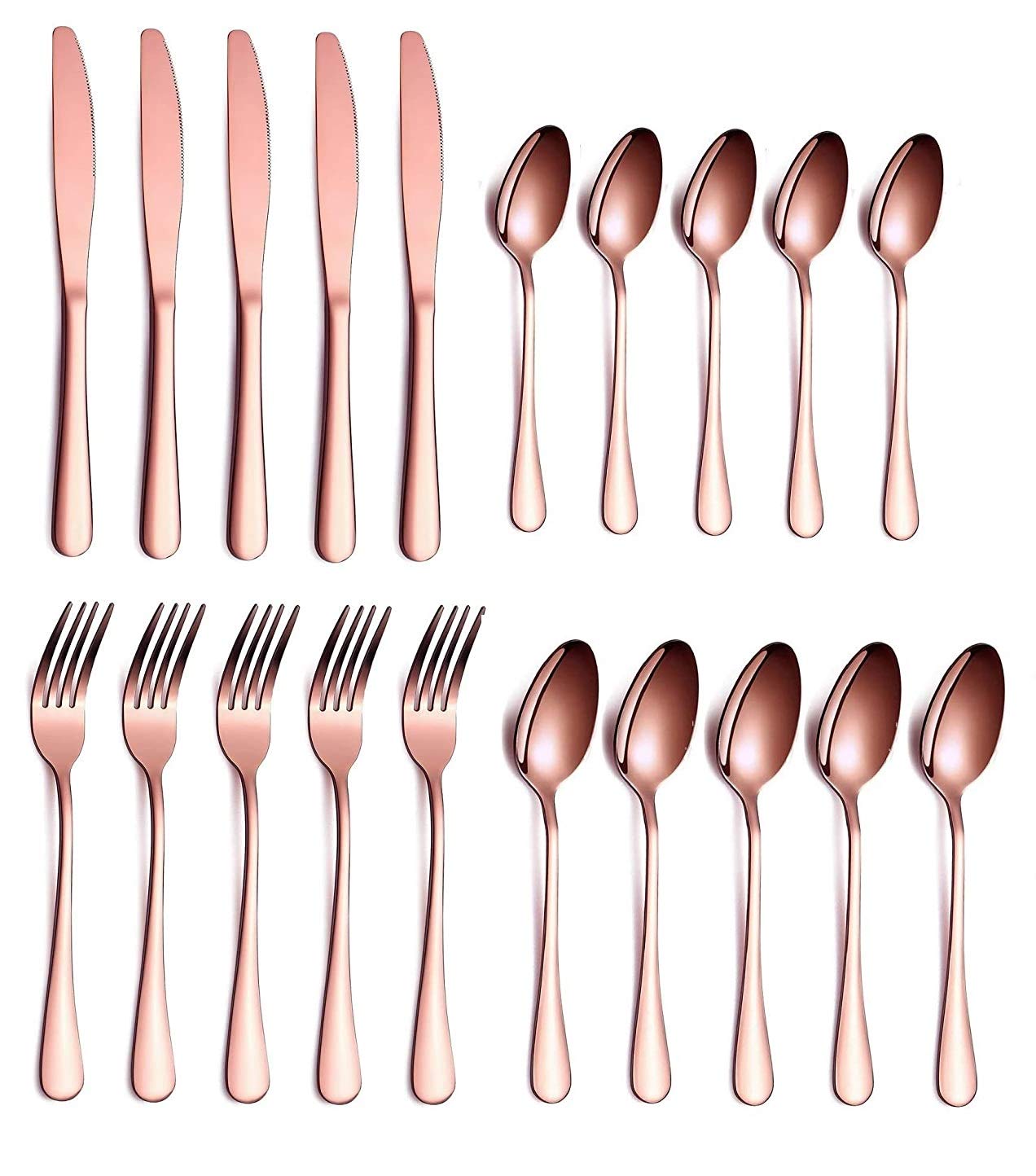 Ginoya Brothers - Luxury Rose-Gold Metal Finish Spoon Set of 5 for Dine Copper Cutlery Spoon Set Long Handle for Iced Tea Spoon Set,Butter Knife,Tea Spoon,Dessert Salad Fork (20)