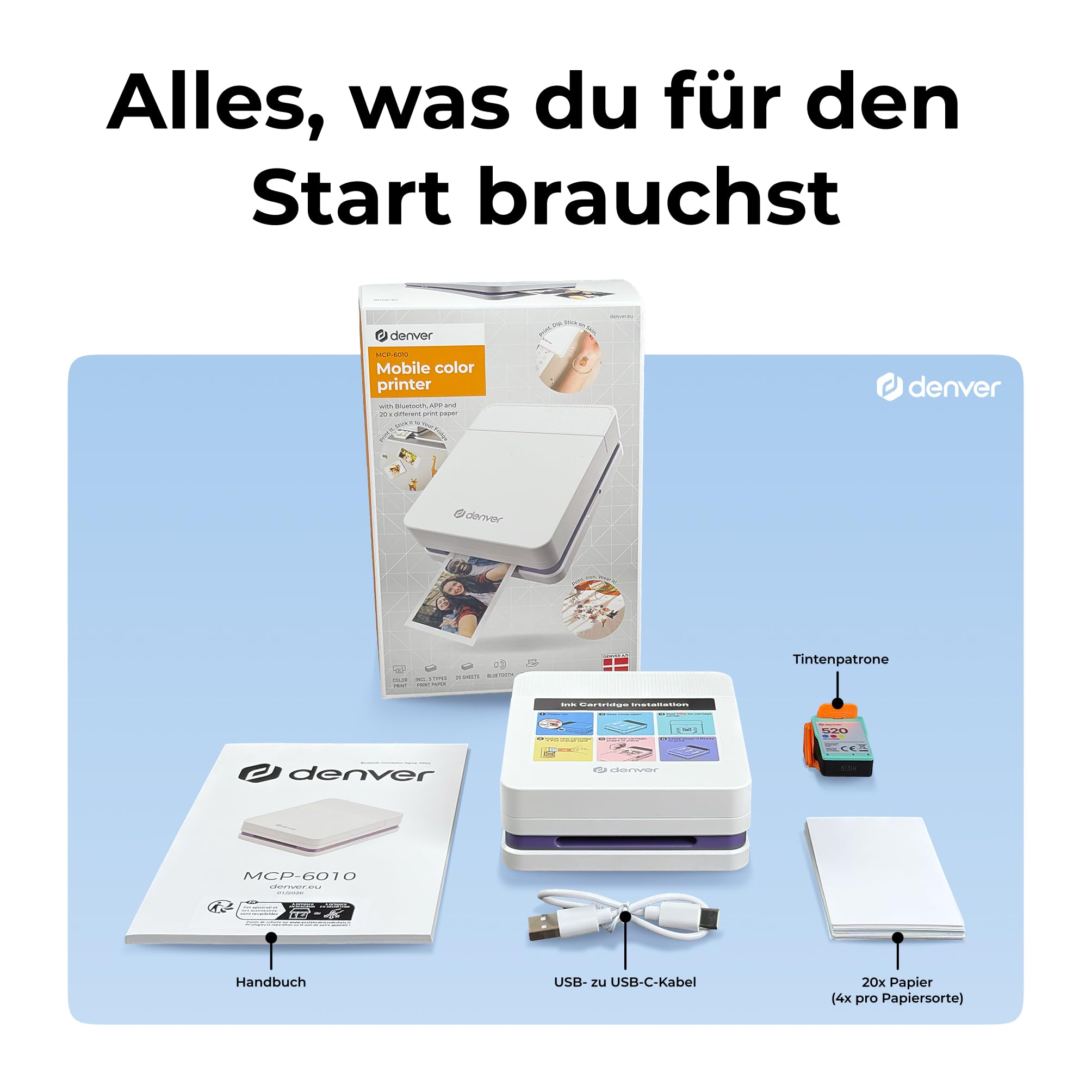 Denver MCP-6010 Mini Fotodrucker für Smartphone, mobiler Farbdrucker mit Bluetooth 5.2, 600 DPI, iOS & Android, tragbarer Fotodrucker mit Akku, inkl. Patrone & 20 Blatt Fotopapier Set
