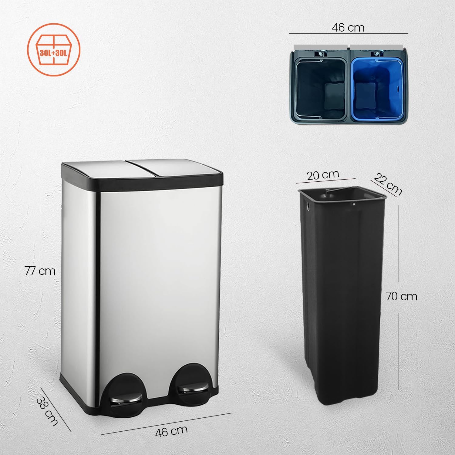 Mülleimer Küche 60l, 2x30L Mülltrennsystem, Tretmülleimer, Silber | Mülleimer 2 Fächer, Edelstahl, Herausnehmbarer Inneneimer,Mülleimer Geruchsdicht, Softclose Deckel, Für Mülltrennung Küche