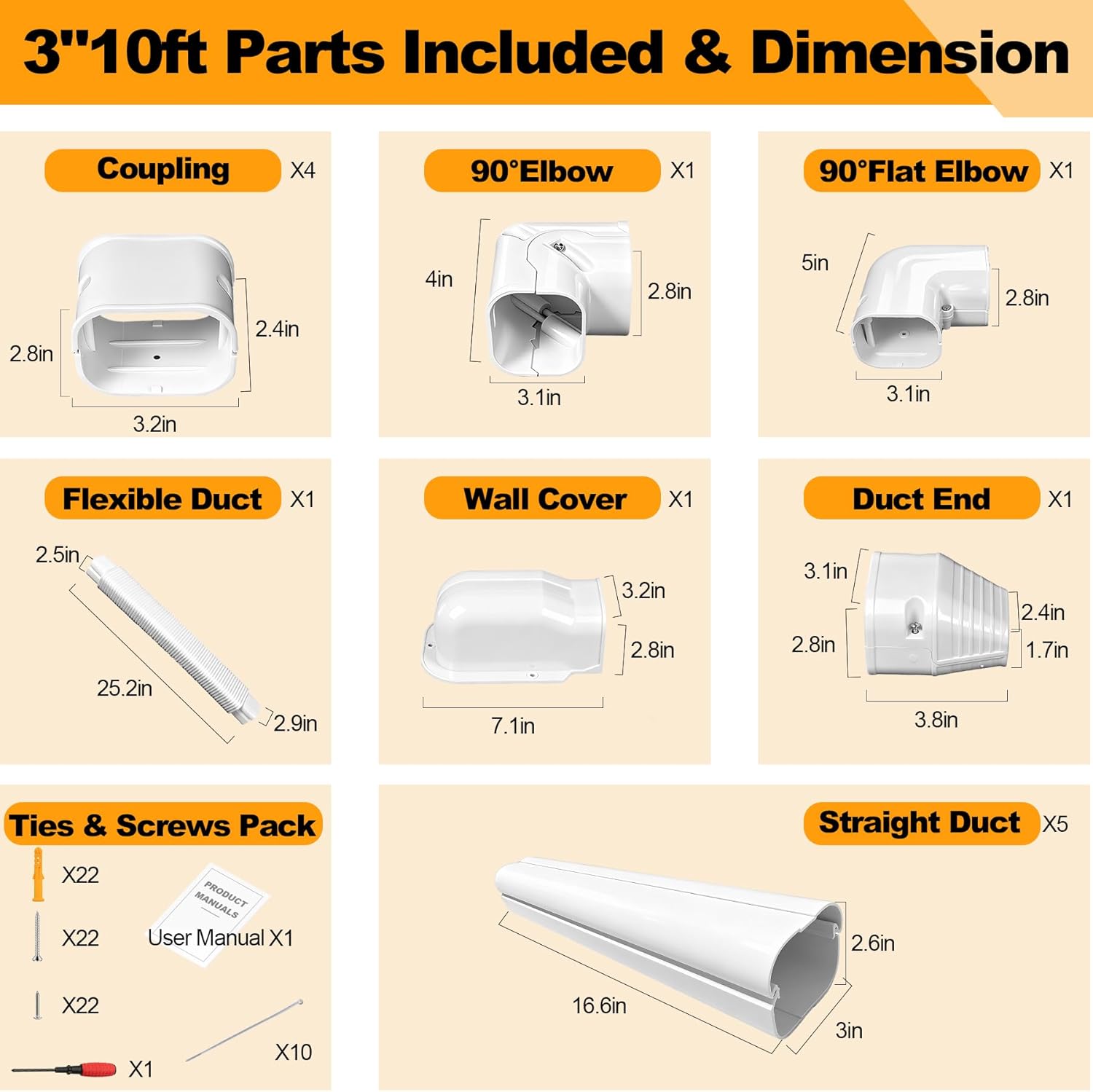 3" 10Ft Mini Split Line Set Cover,Minisplit Lineset Cover Kit with Flexible Duct,White PP Decorative Paintable Kit for Mini Split, Air Conditioner, Central AC, HVAC and Heat Pumps,with Instruction