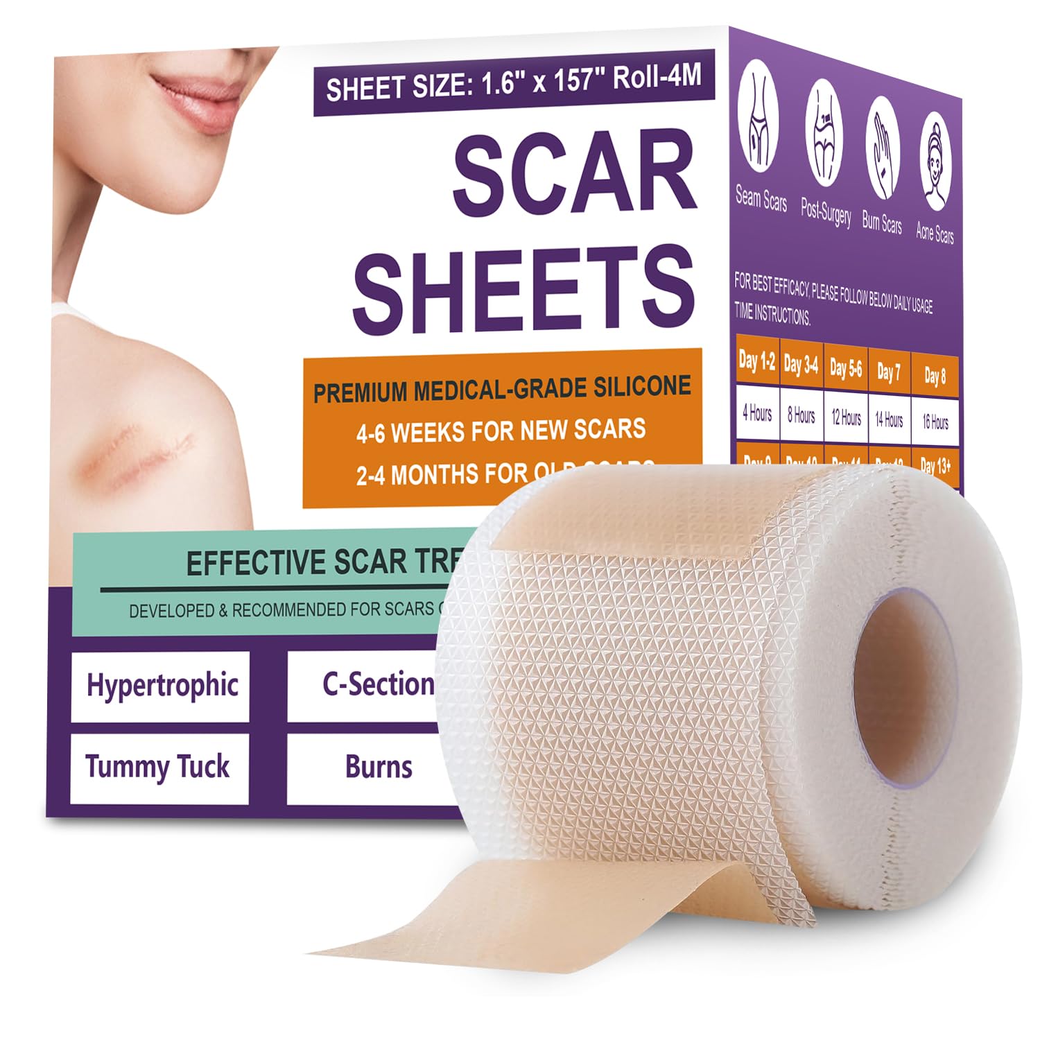 Silicone Scar Sheets,Silicone Scar Tape,Silicone Scar Removal Strips for Surgical,C-Section,Tummy Tuck,Keloid Scars (1.6"X 157" Roll-4M) Keloid Bump Removal