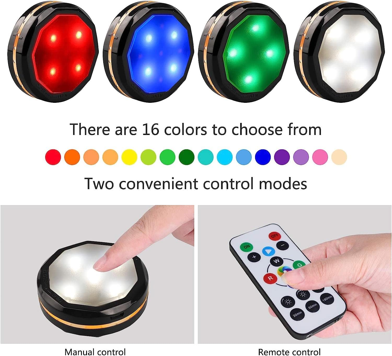 LEASTYLE Puck Lights with Remote,16 Colors Rechargeable Under Cabinet Lights Wireless Colors Changing Closet Lights Under Counter Lights for Kitchen Mini Night Light Cabinet Lights (3 Pack)