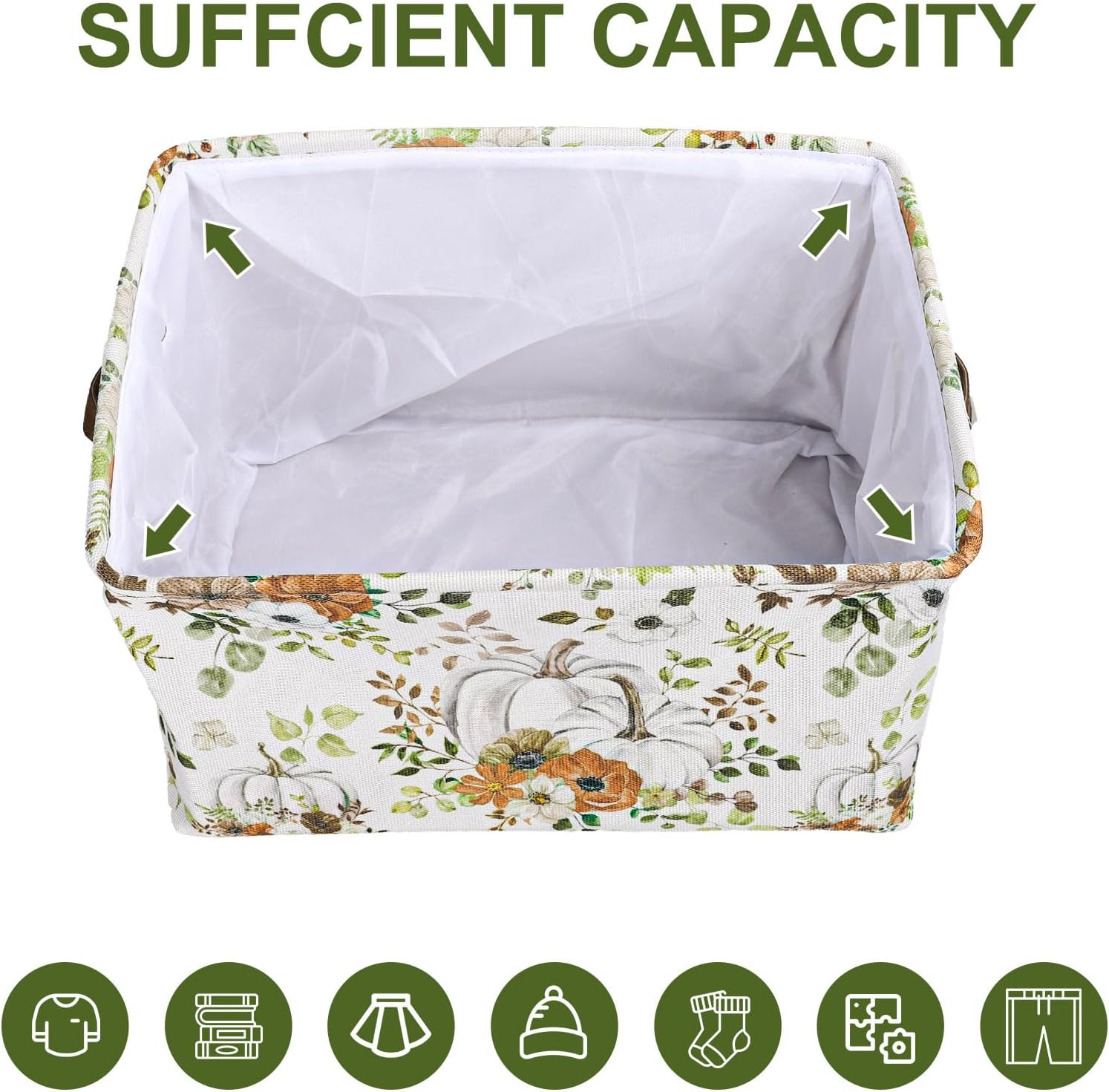 Whaline Fall Storage Basket with Handles Floral Pumpkin Cube Storage Bin Foldable Fabric Container Organizer Box for Autumn Thanksgiving Home Office Dorm Closet Shelf Toy