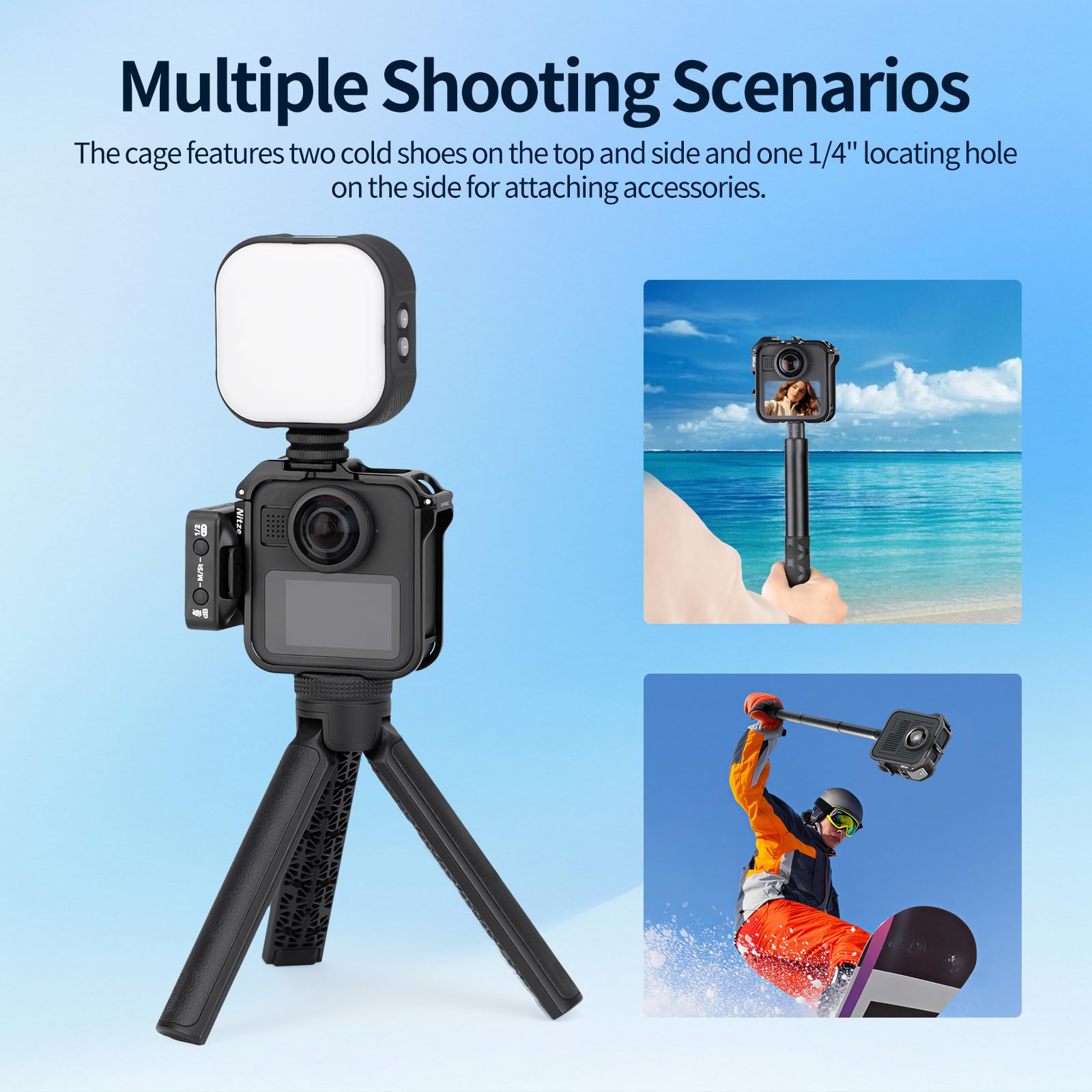 Nitze Cage pour Caméra GoPro Max 2, Cage de Protection en Alliage d'Aluminium avec Griffe Intégrée et Trou de Positionnement 1/4" pour Microphone et Lampe LED - T-GP04A
