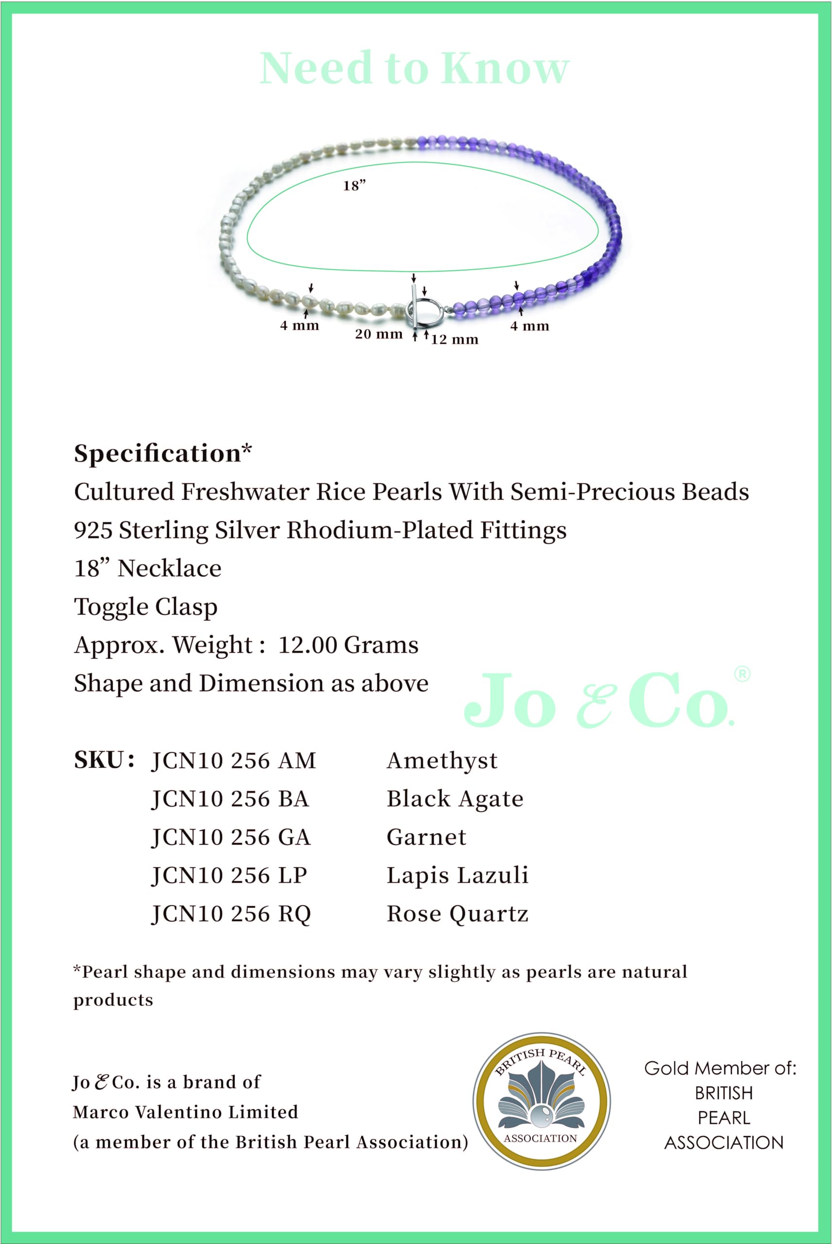 Jo & Co. Collana con mezza perla con perle d'acqua dolce di riso da 4 mm e perline di ametista lucidate da 4 mm con chiusura a levetta in argento Sterling placcato al rodio