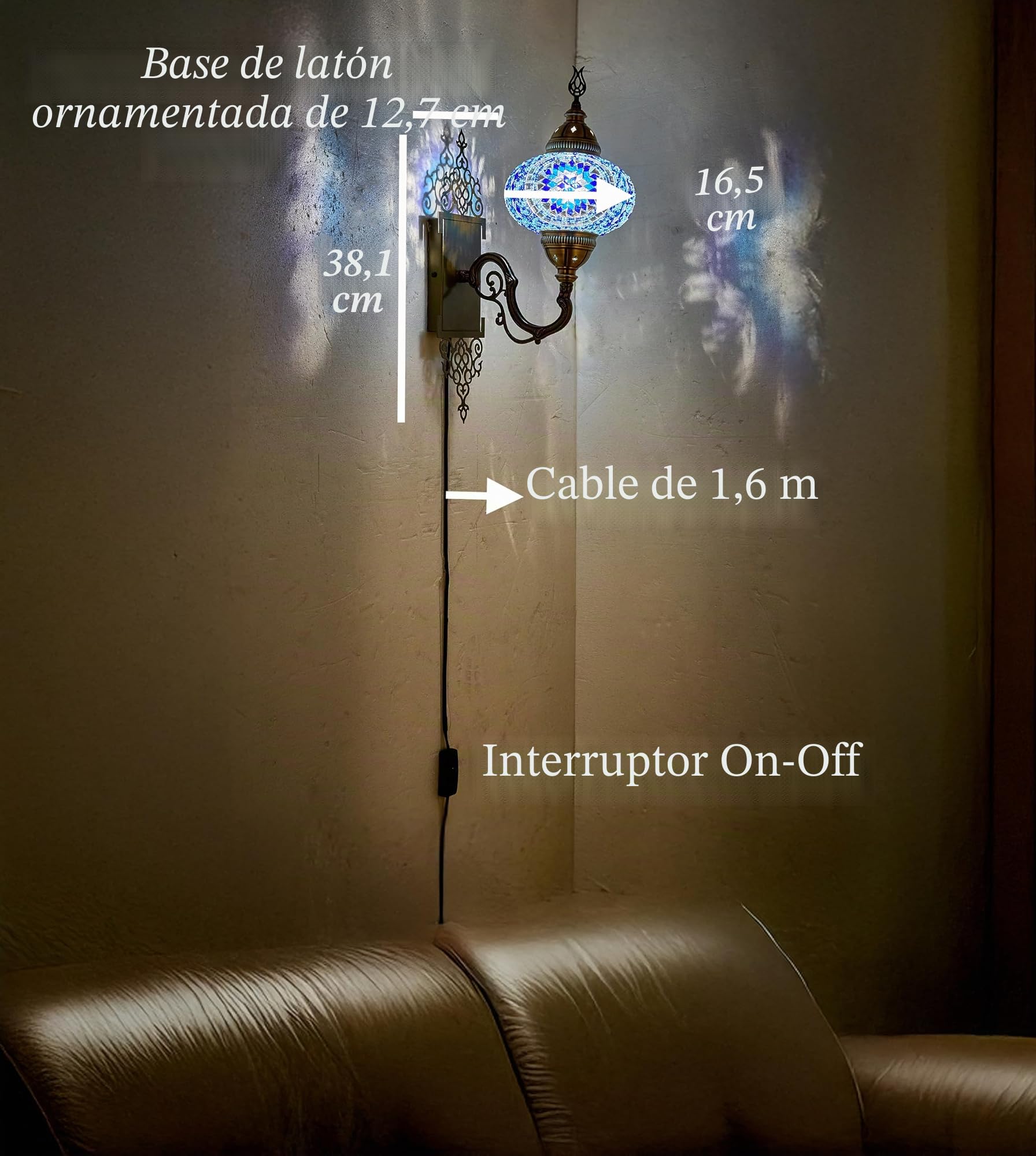 DEMMEX Aplique de Pared Turco Marroquí de Mosaico, Globo de Vidrio Hecho a Mano, Base de Latón, Cable de 1,5 m, Iluminación Decorativa para Salón y Dormitorio, Blanco