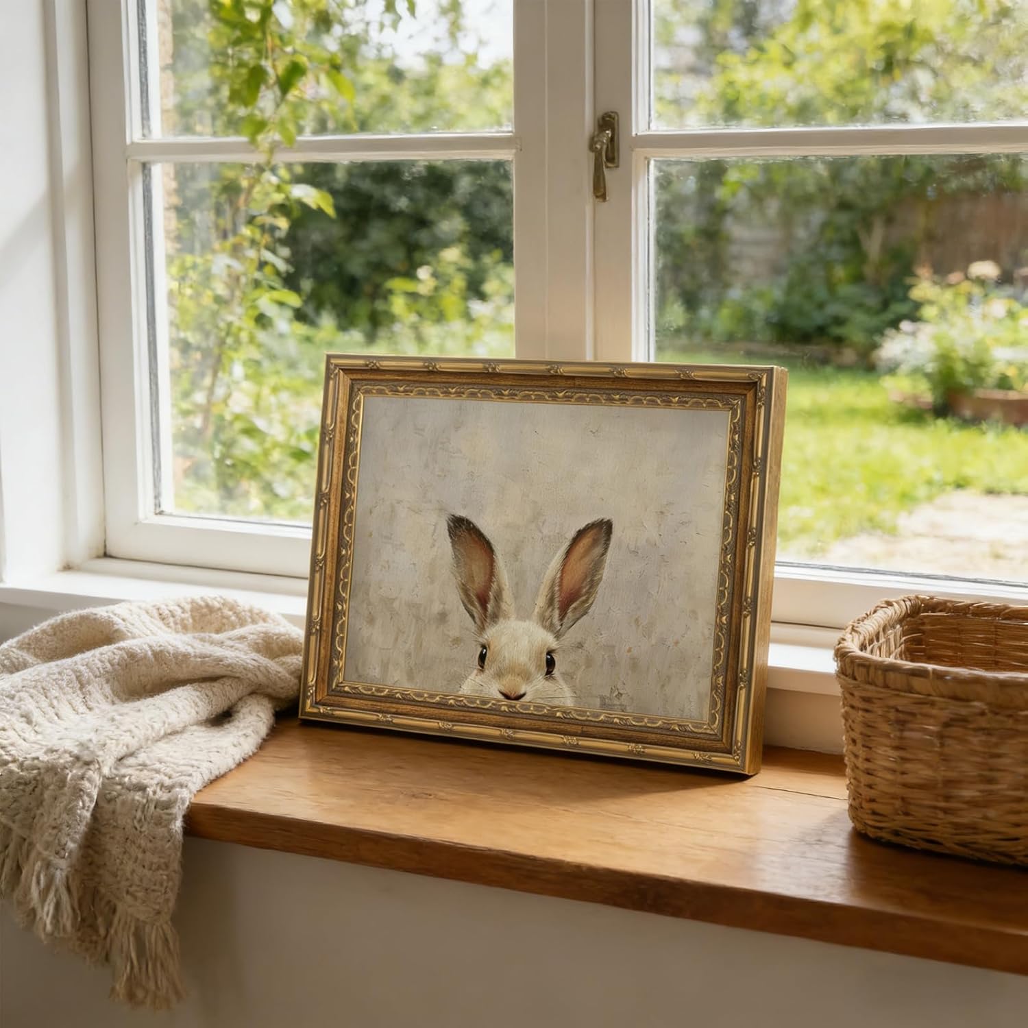 LRTNMTJ Vintage Gold Framed Bunny Canvas Wall Art Easter Rabbit Painting Prints Bunny Ears Picture Poster Retro Animals Wall Decor Picture for Easter Decor Kids Room Living Bedroom Home Decorations