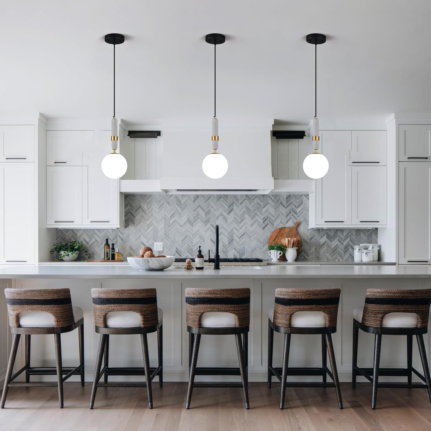 Modern Gold Concrete Globe Pendant Light Mid Century Chandelier 1-Light Ceiling Hanging Lighting Fixture with White Globe Glass Lampshade for Kitchen Island Dining Room Bedroom (3-Pack)