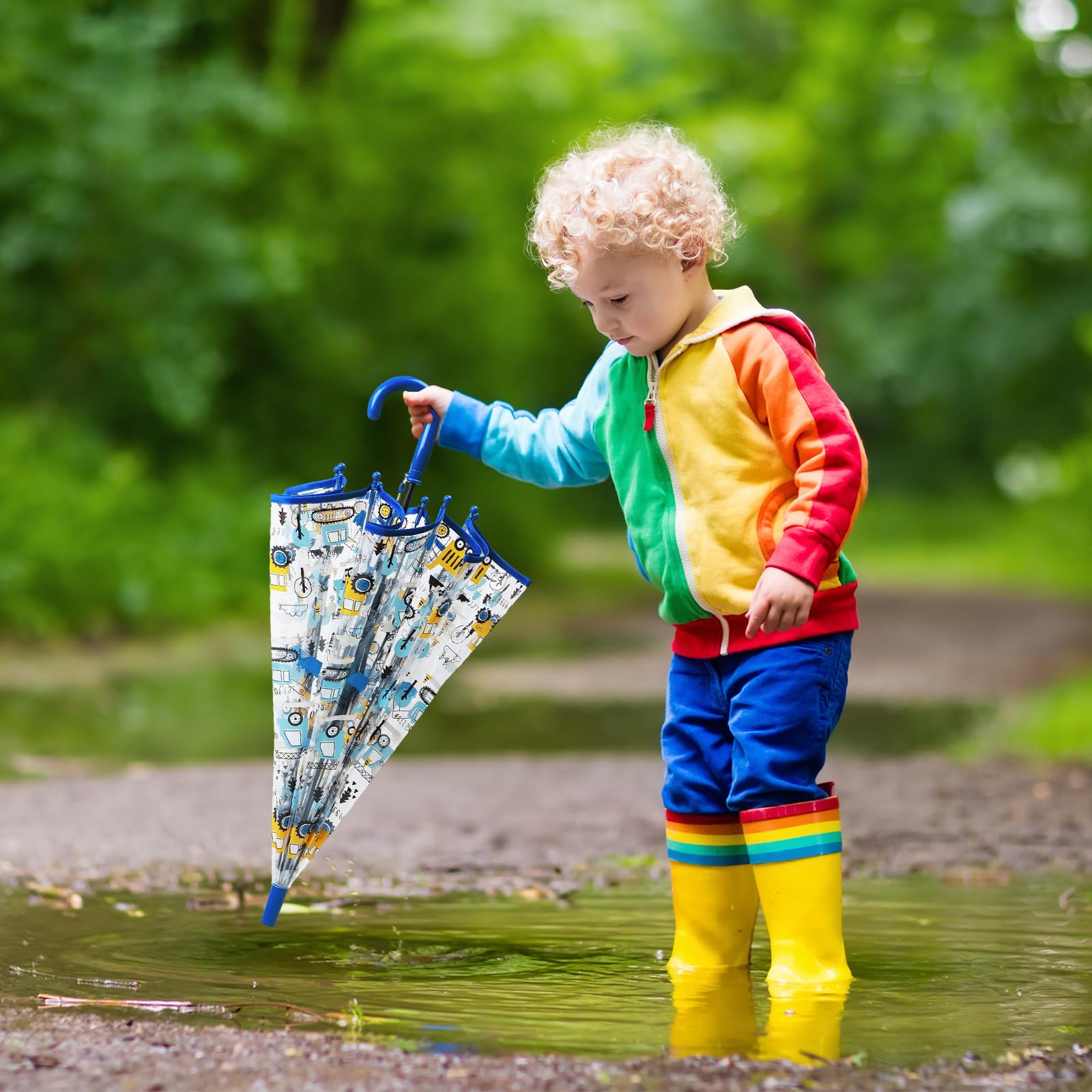 Regenschirm Kinderschirm Stockschirm, Windsicher Robustheit Regen Regenschirm Transparent, Kinderregenschirm Durchsichtig Junge Mädchen, Kuppel-Blasenschirm Durchmesser=70cm Technische Fahrzeuge