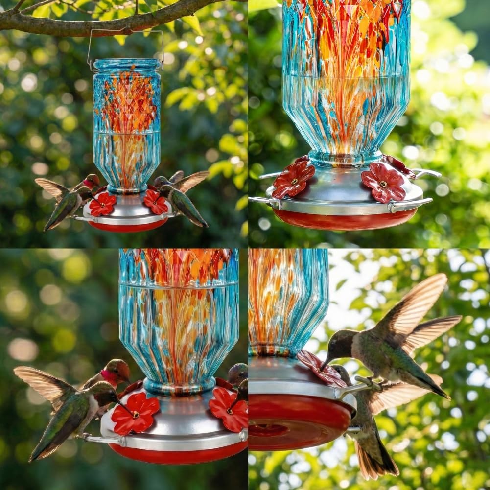 Hand Blown Glass Hummingbird Feeder for Outdoors Hanging Round Chaning Color 32 OZ Large Humming Birds Feeders with Accessories Gift for Women Mom (Blue)
