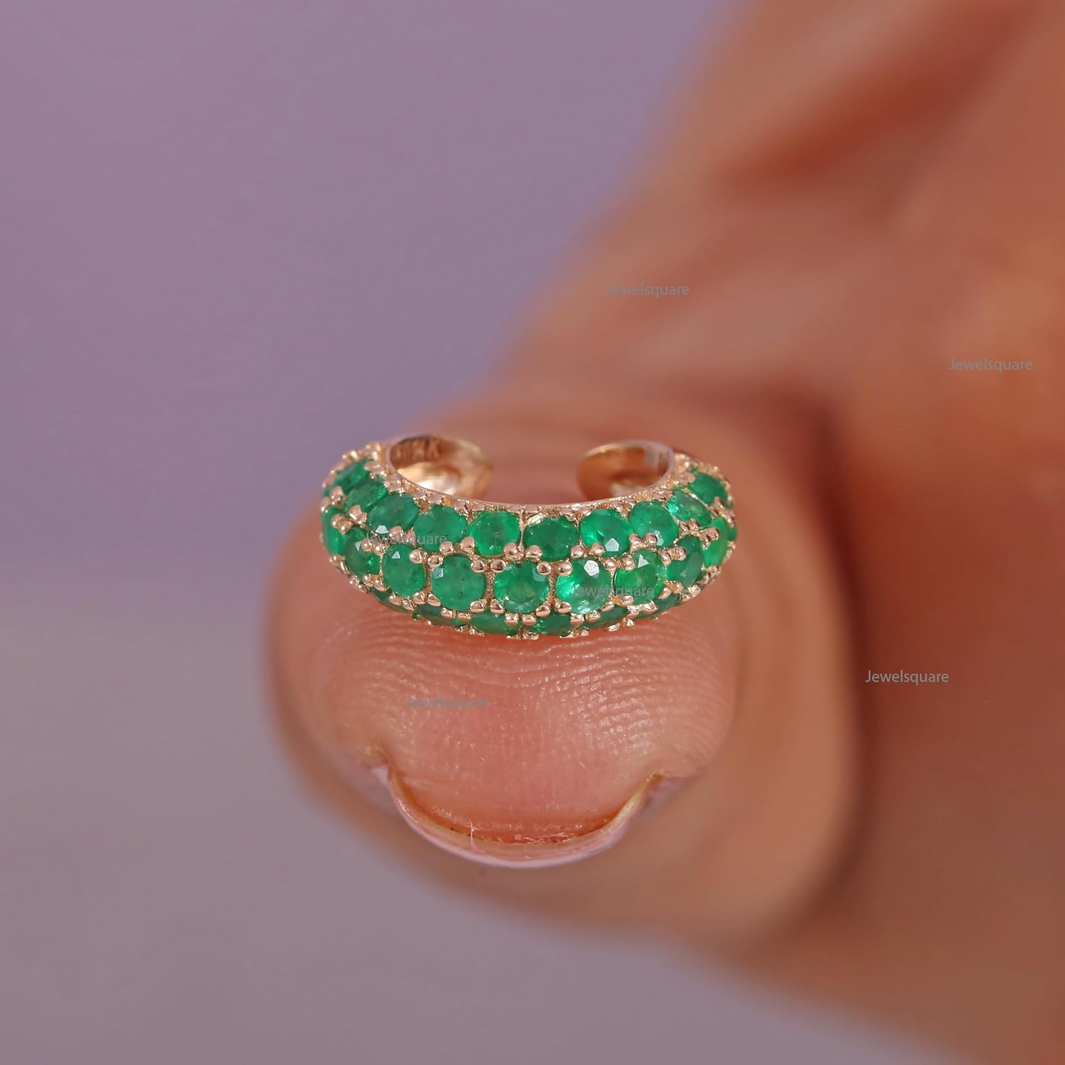 Natural Emerald Triple Layer Ear Cuff, 9k, 14k & 18k Yellow Gold Cuff Earring, Zambian Emerald Ear Cuff, Wedding Cuff Earring