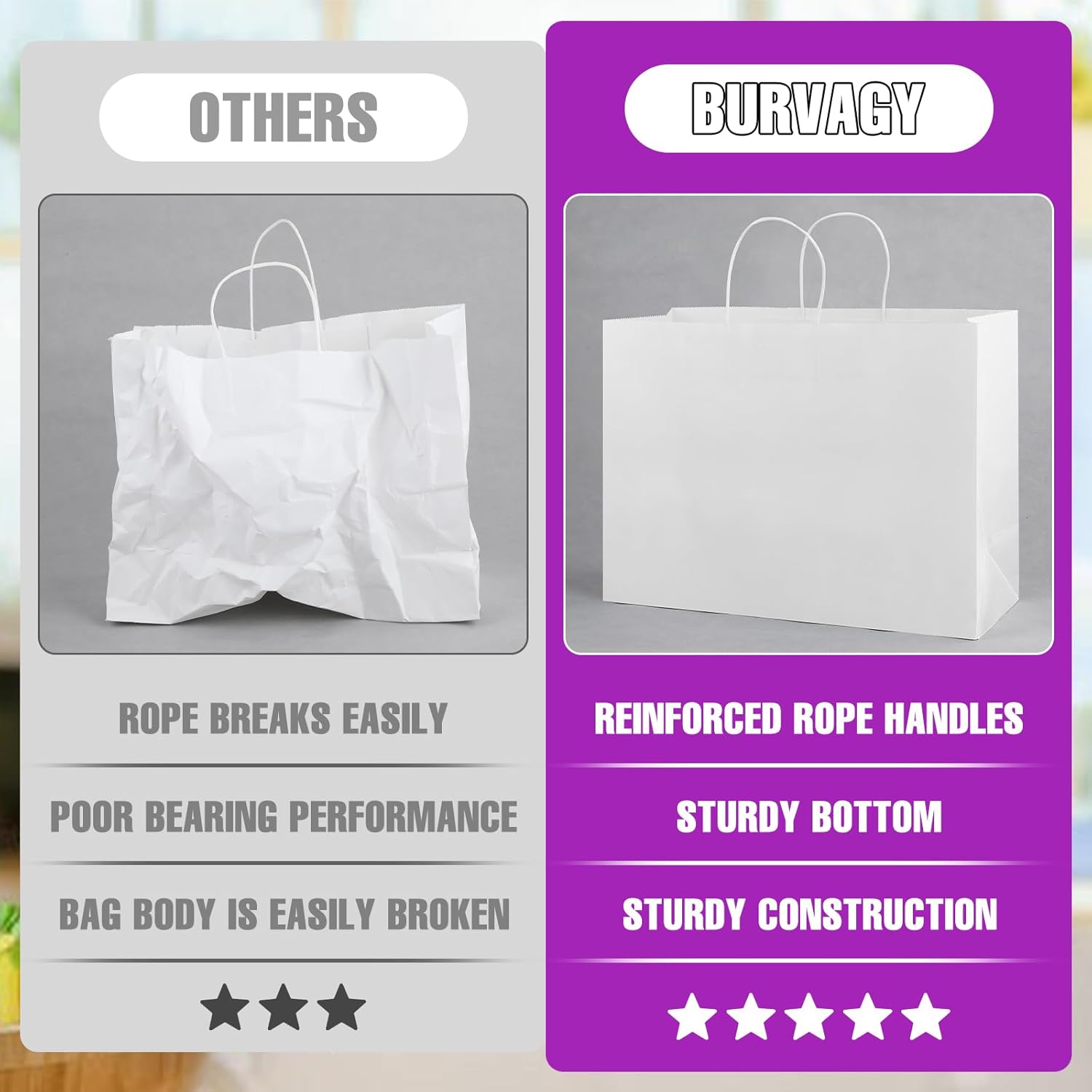 BURVAGY 16x6x12 Inch 100 Pcs Kraft Paper Bags with Handles Bulk, Kraft Shopping White Large Recycled Gift Paper Bags with Handles for Small Business, Retail,Boutique,Grocery - Image 7