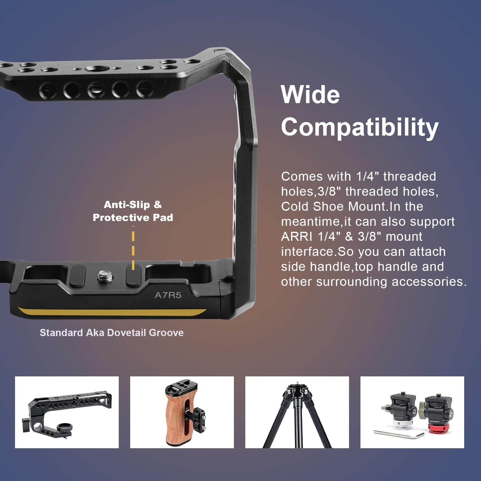 ILCE-7RM5/A7RM5/A7R5 Cage Alpha A7R V avec support griffe pour ARCA et compatible avec interface ARRI 3/8" et pour la réalisation de films ou Vlog