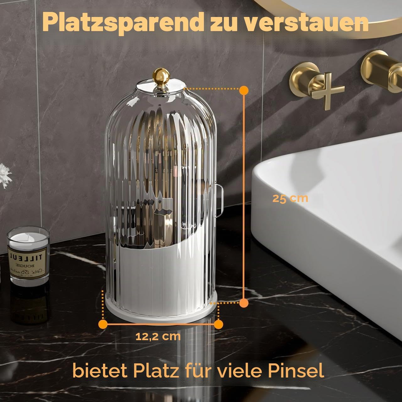 YOOLENS Make-up-Pinselhalter mit Deckel, um 360 Grad drehbar, transparent, staubdicht, Make-up-Organizer für Schminktisch, Badezimmer, Arbeitsplatte, transparent
