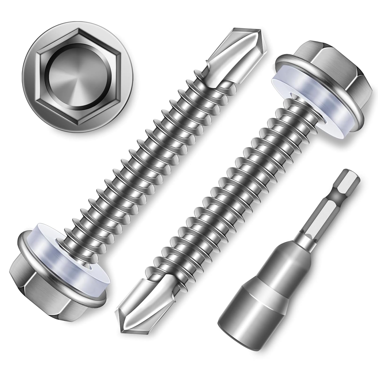 Dayalo 20 Stück Blechschrauben M4,8 x 75 mm aus Edelstahl 410 für Dachblech | Selbstschneidende Spenglerschrauben mit Dichtscheiben und Stecknuss-Bit, Trapezblechschrauben für Metall und Holz