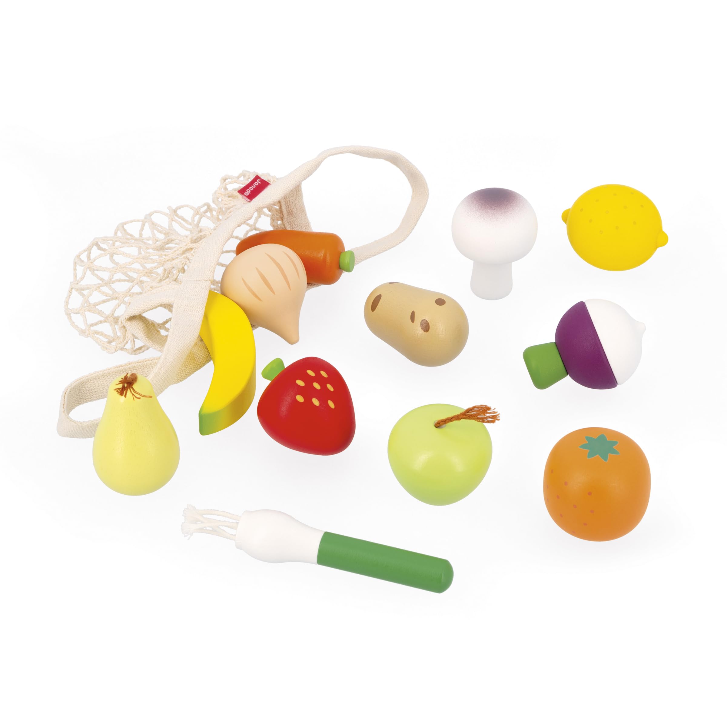 Janod - Set of 12 Fruits and Vegetables - Canvas Bag - Pretend Play Shopping Basket - Ideal Complement for Play Kitchen and Tea Set - From Age 3, J06639