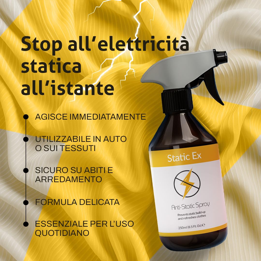 Spray Antistatico per Vestiti - 250ml - Elimina Elettricità Statica su Tessuti, Vestiti e Arredi - Formula Delicata e Inodore, Protegge e Rinfresca i Tessuti - Perfetto per Uso Quotidiano