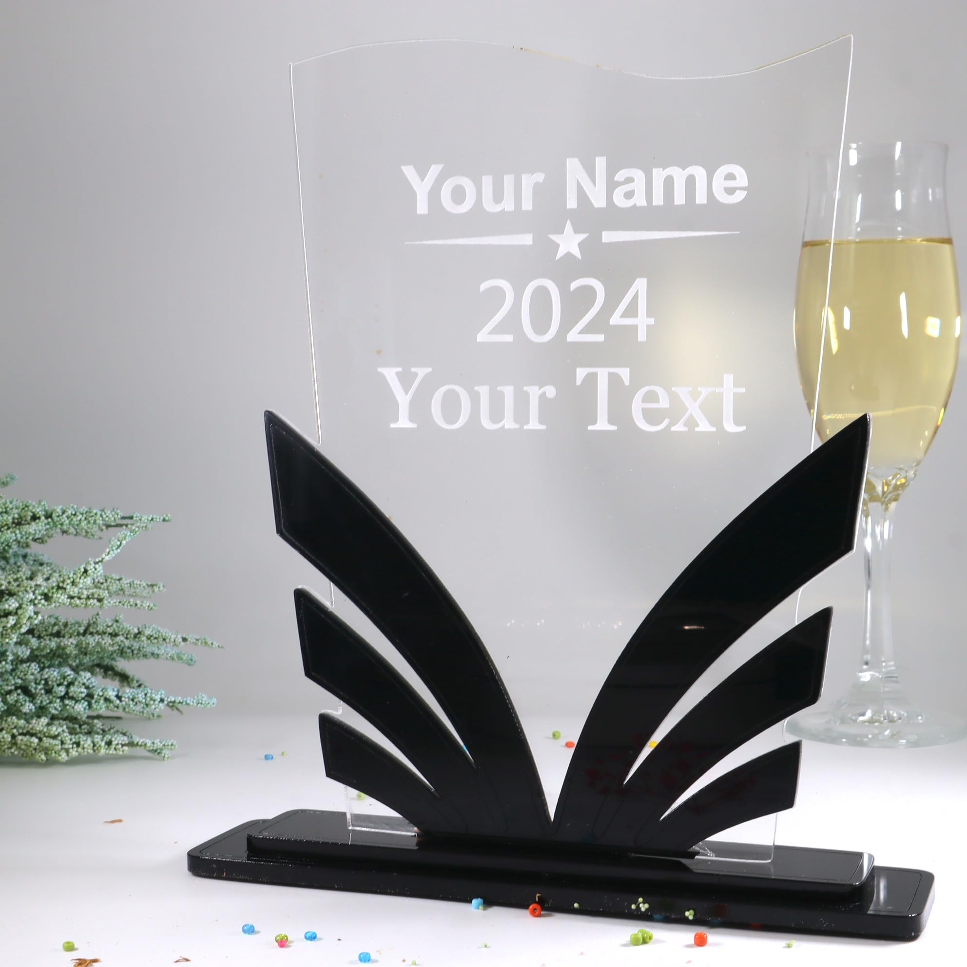 Generisch Personalisierte Moderne edle Trophäe, personalisierter eigener Text oder Logo, Schwarzes und Transparentes Acryl - Medaille - Pokal - Auszeichnung