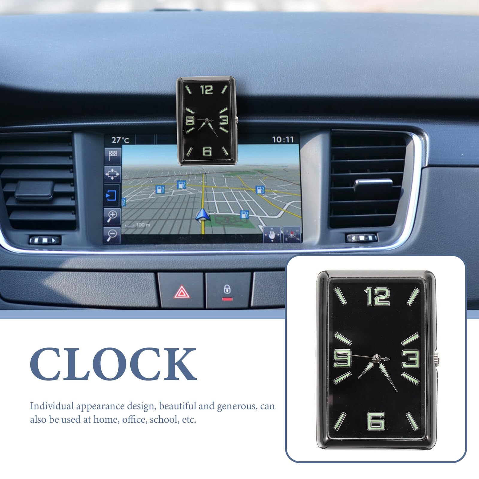 Reloj Analógico Adhesivo Cuadrado para Coche, Negro, Pequeño | Aleación y Vidrio, Operación Sencilla, No Bloquea la Vista, Incluye Pila Botón