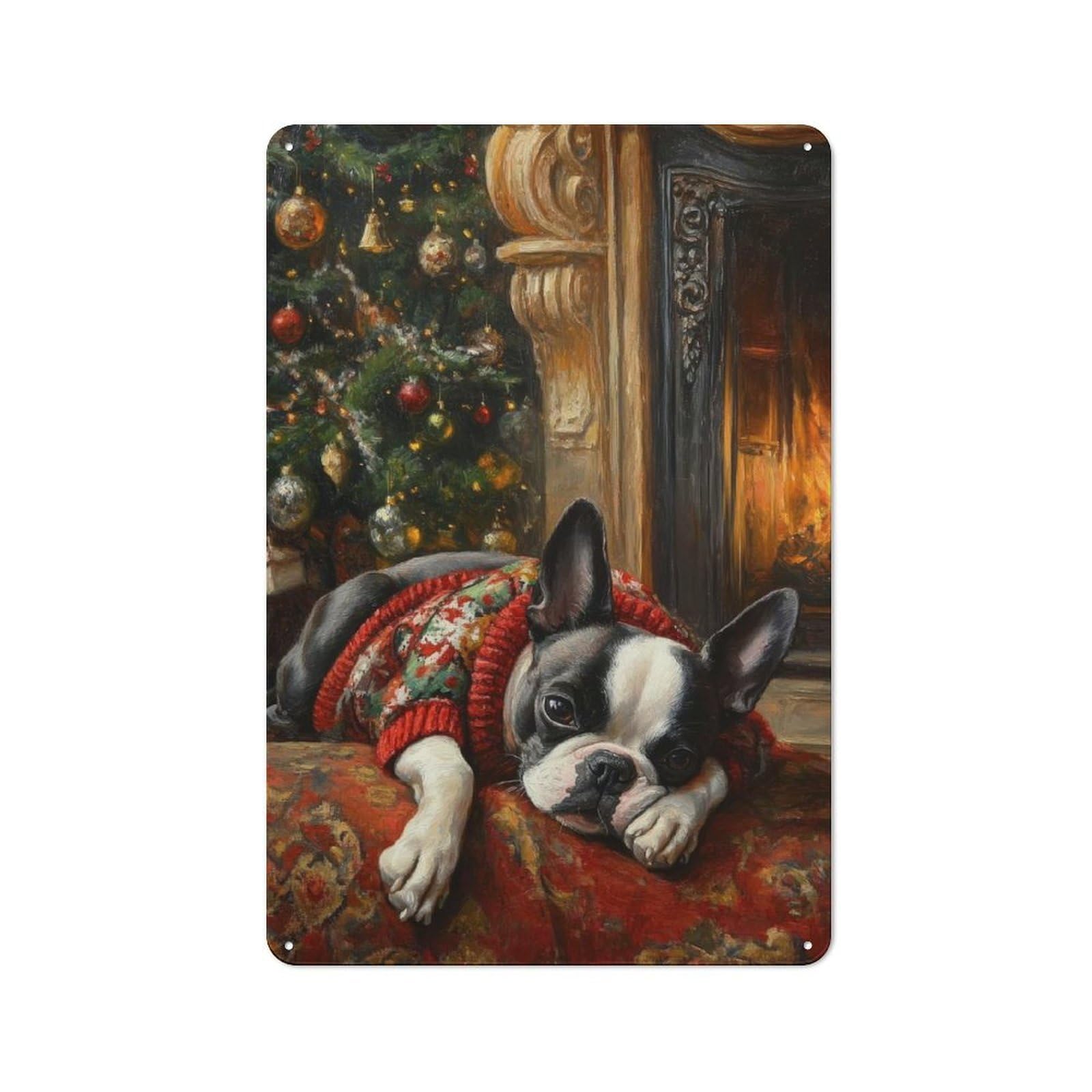 Junmoney Boston Terrier In Sweater By Fireplace Painti Vintage Tin Sign 30X20cm With Ng For Garage Wall, For Kitchen And Home Bar Decor, For Living Room And Hallway Decor
