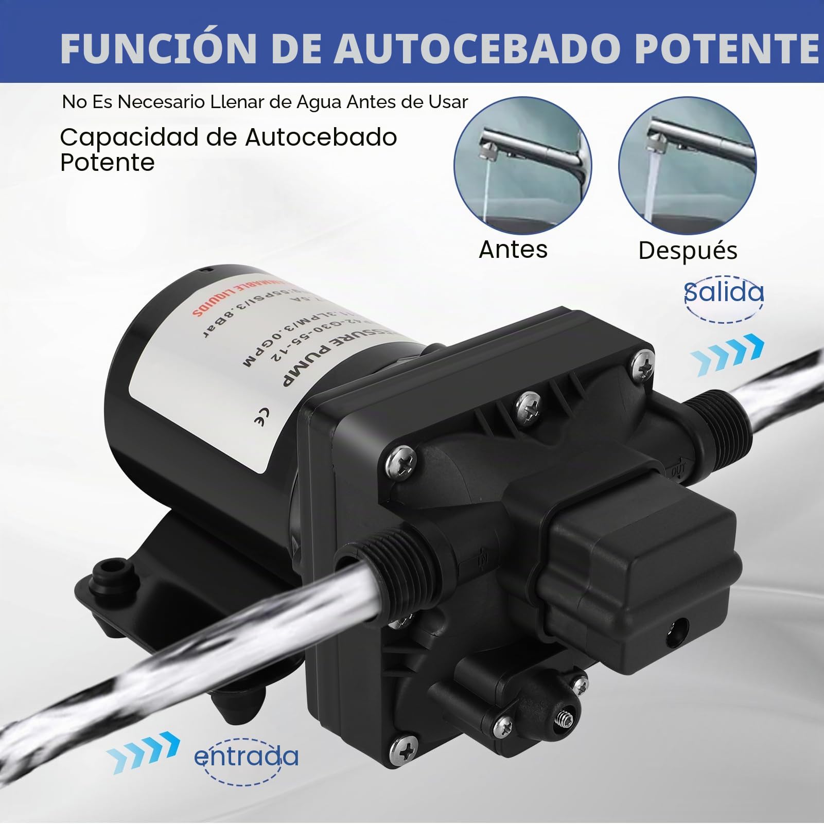 4008-101-E65, Dispensadores de Agua Fría y Caliente, 55 PSI, 3 Galones por Minuto, 7,5 Amperios, 12 V Caravana, Caravana, Bomba de Agua Autocebante 4008101E65