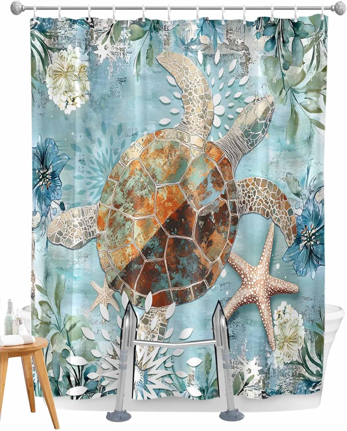 Split Shower Curtain for Transfer Bench, Nautical Turtle Ocean Starfish Flower Bath Tub Curtain Transfer Chair Bench for Bathtub 72x72 Inch Shower Curtain Set with Hooks and 2 Vertical Slits