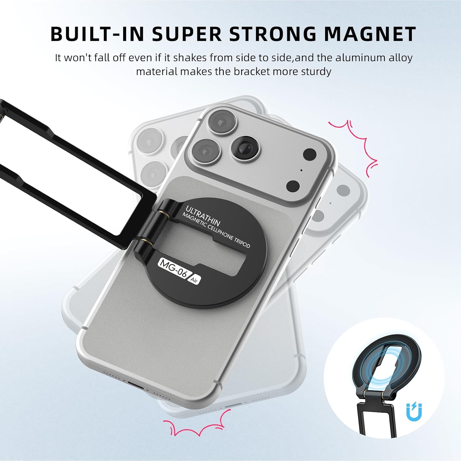 Ultra-Thin Aluminum Magnetic Phone Tripod Holder Mount Stand, MG-06 Air Mini Pocket Cell Phone Stand, Compatible with MagSafe for iPhone 17 16 15 14 13 12, Black
