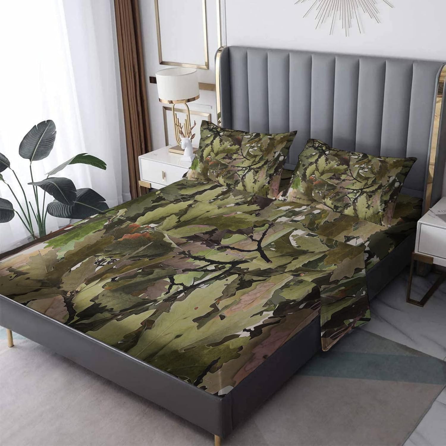 NOGAWA Botanical Sheets Twin XL Size, Camouflage Camo Army