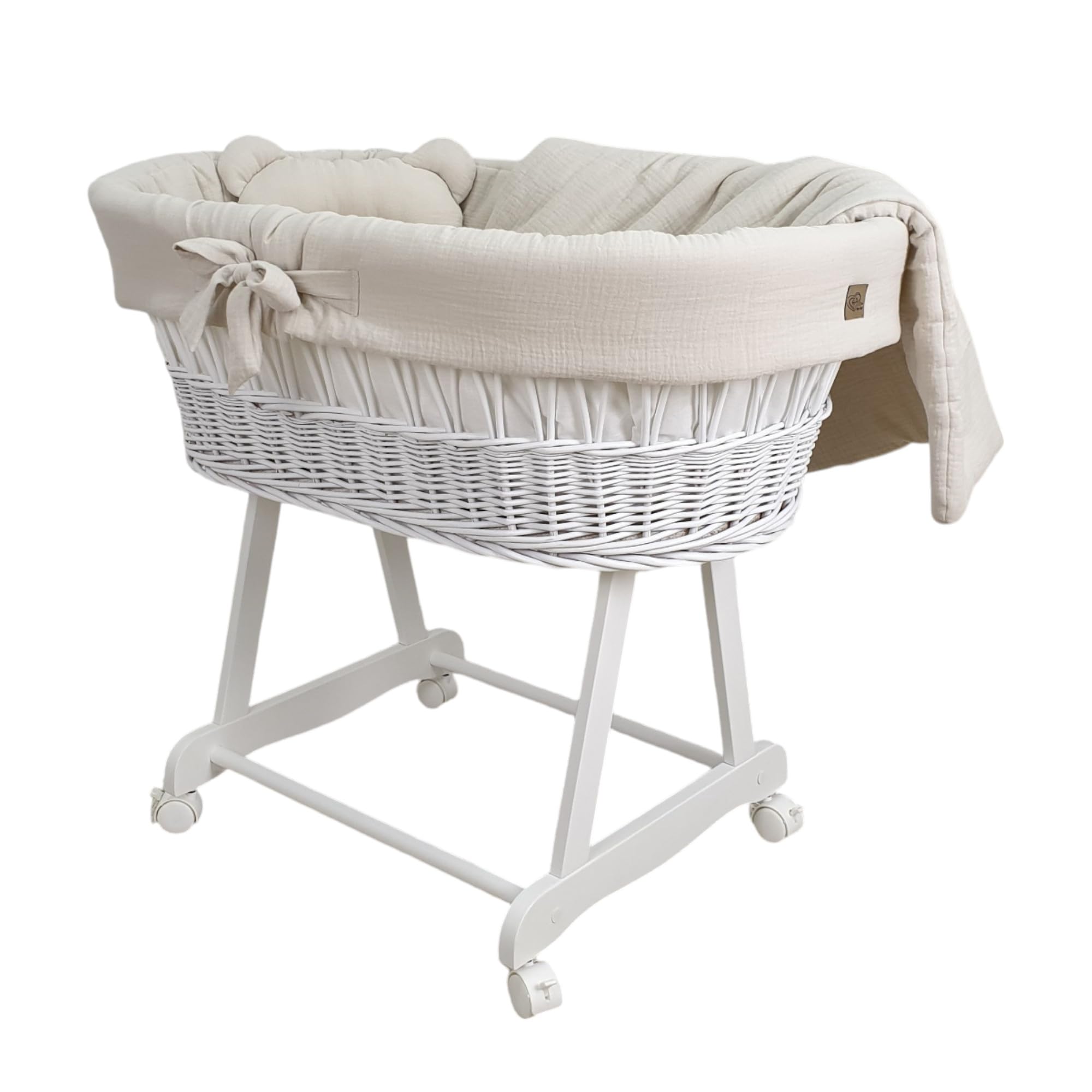 WIKLINOPOL Moisés Bebé con Ruedas y Freno – Cesta de Mimbre Natural con Colchón y Ropa de Cuna de Algodón 100% Oeko-Tex en Beige – Set Completo para Recién Nacidos – Modelo Amelia