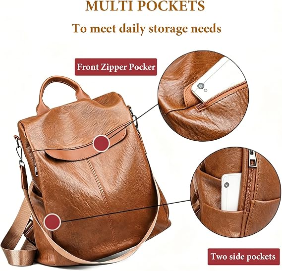 Backpack Womens Anti Theft Travel Rucksack, Leather Waterproof Durable Travel Lightweight Backpack for Women, Multipurpose Convertible Shoulder Bag Handbag Backpack, BrownA