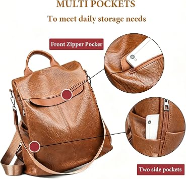 Backpack Womens Anti Theft Travel Rucksack, Leather Waterproof Durable Travel Lightweight Backpack for Women, Multipurpose Convertible Shoulder Bag Handbag Backpack, BrownA