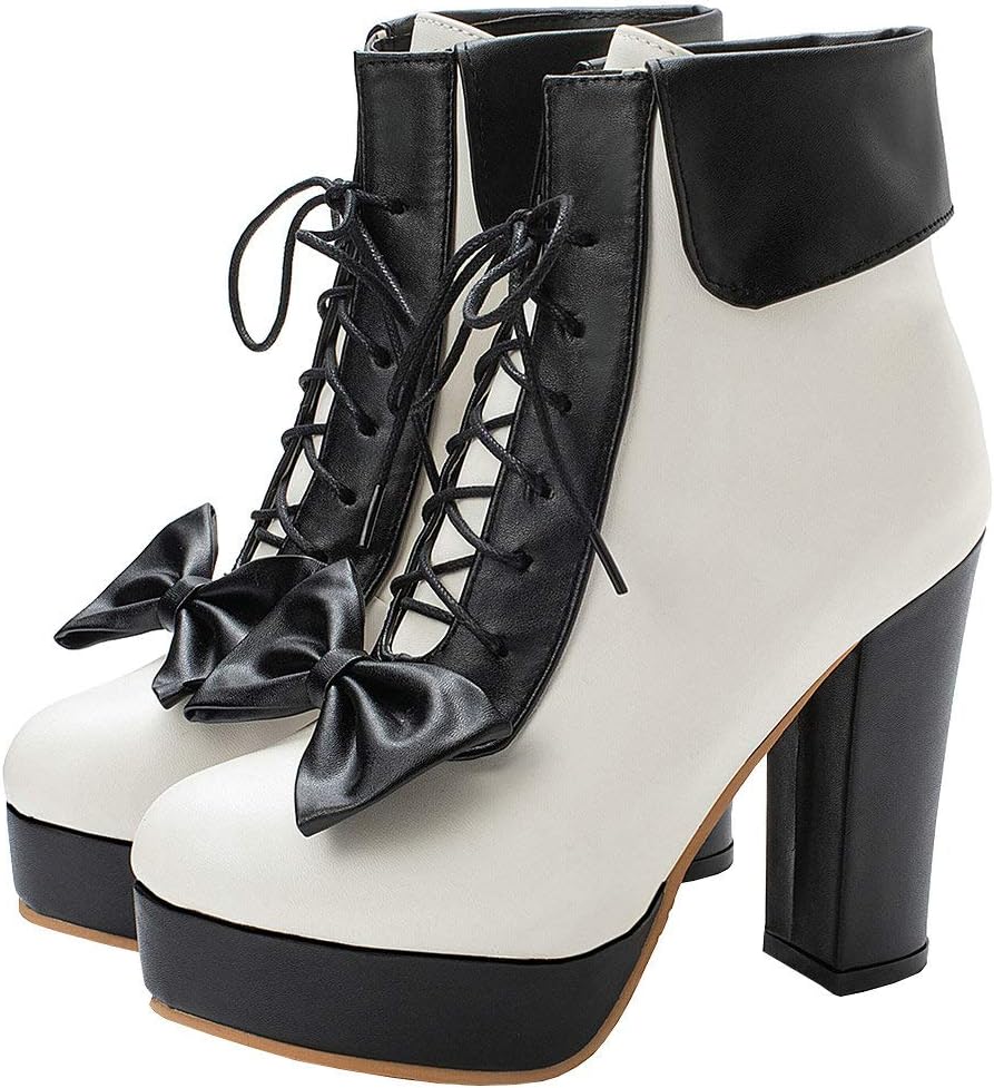 Parisuit Womens Dress Kawaii Boots Chunky High Heel Platform Ankle Booties Lace Up Sweet Bow Shoes