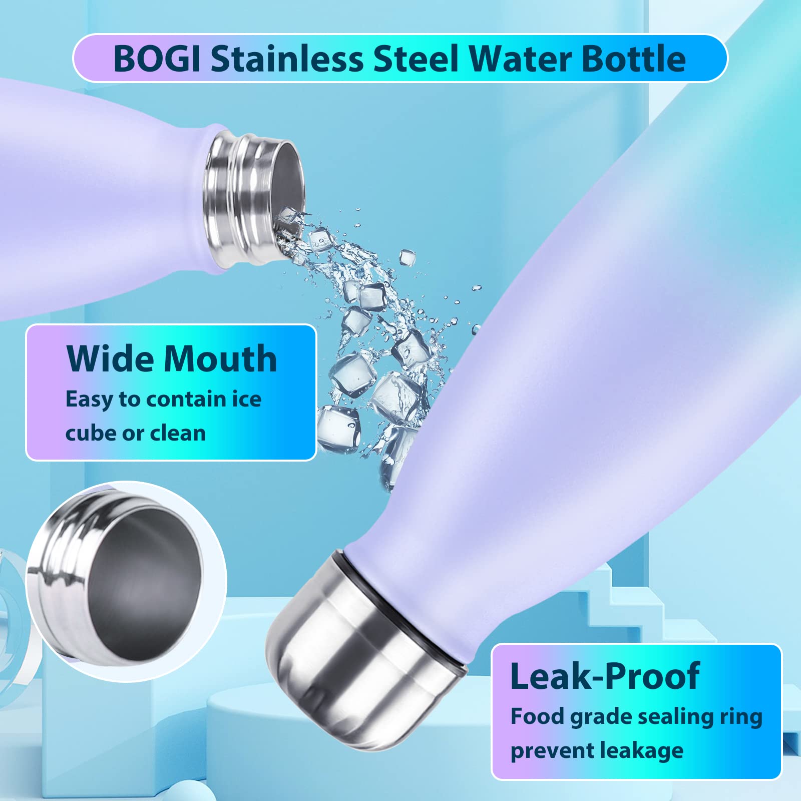 BOGI 17oz Insulated Water Bottle Double Wall Vacuum Stainless Steel Bottle Leak Proof Keeps Hot and Cold Drinks for Outdoor Sports Camping Hiking Cycling, Comes with a Cleaning Brush Gift