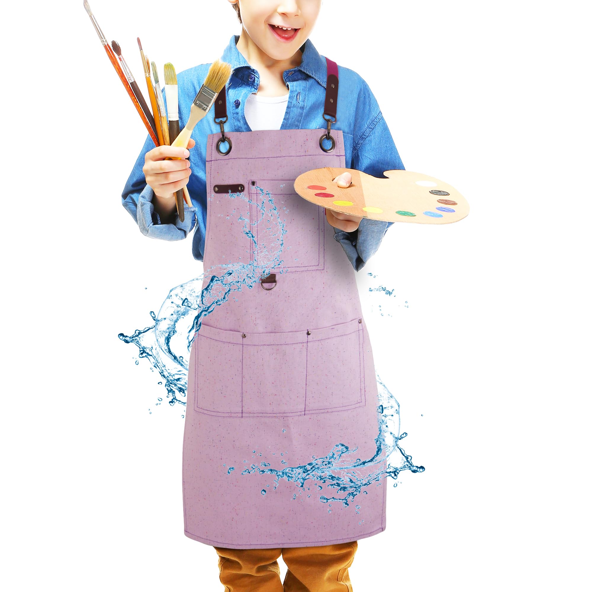 Stenffy Kids Art Aprons for Painting, Gardening, Cooking, Multiple Pockets, Kids Smock for Boys & Girls, Waterproof (Age6-12) (Lavender)