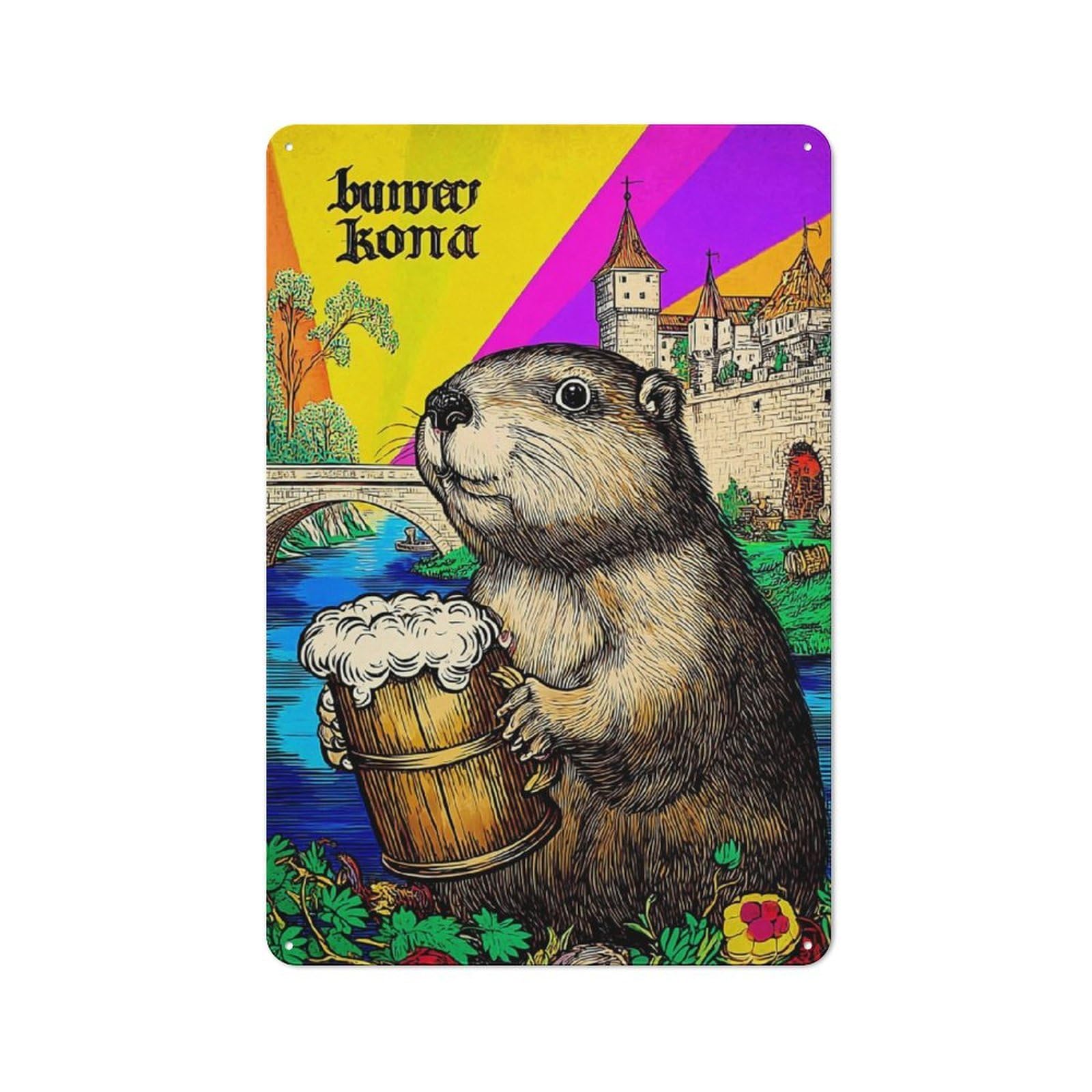 Junmoney Beaver With Beer Bucket Illustration Vintage Tin Wall Plaque 30X20cm For Kitchen Or Home Bar, For Vintage Wall Decor Fans, For Themed Room Decoration