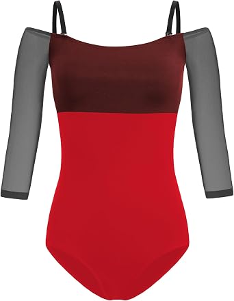 HROYL Womens Off-the-Shoulder Ballet Leotard with Mesh Panels - 3/4 Sleeve Fitted Dance Top