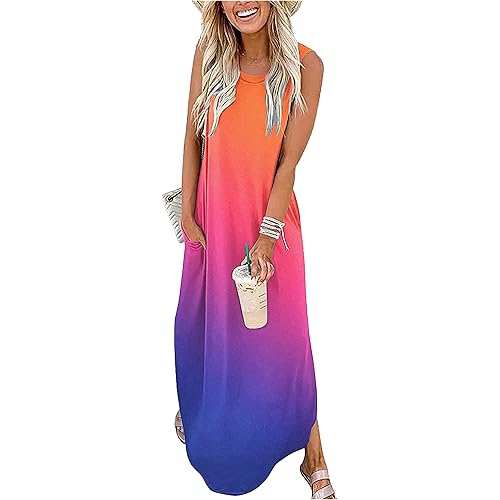 CHUNTIANRAN Women's Maxi Dress Summer Casual Sundress Sleeveless Long Dresses Hawaiian Beach Maxi Dress with Pockets