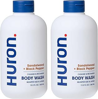 Huron Men’s Moisturizing Body Wash - Clean & Woody Scent of Sandalwood, Black Pepper, Cedarwood, & Amber - Made With Coconut Oil, Vitamin E & Witch Hazel - Vegan, Cruelty-Free - 12.2 fl oz (2 Pack)