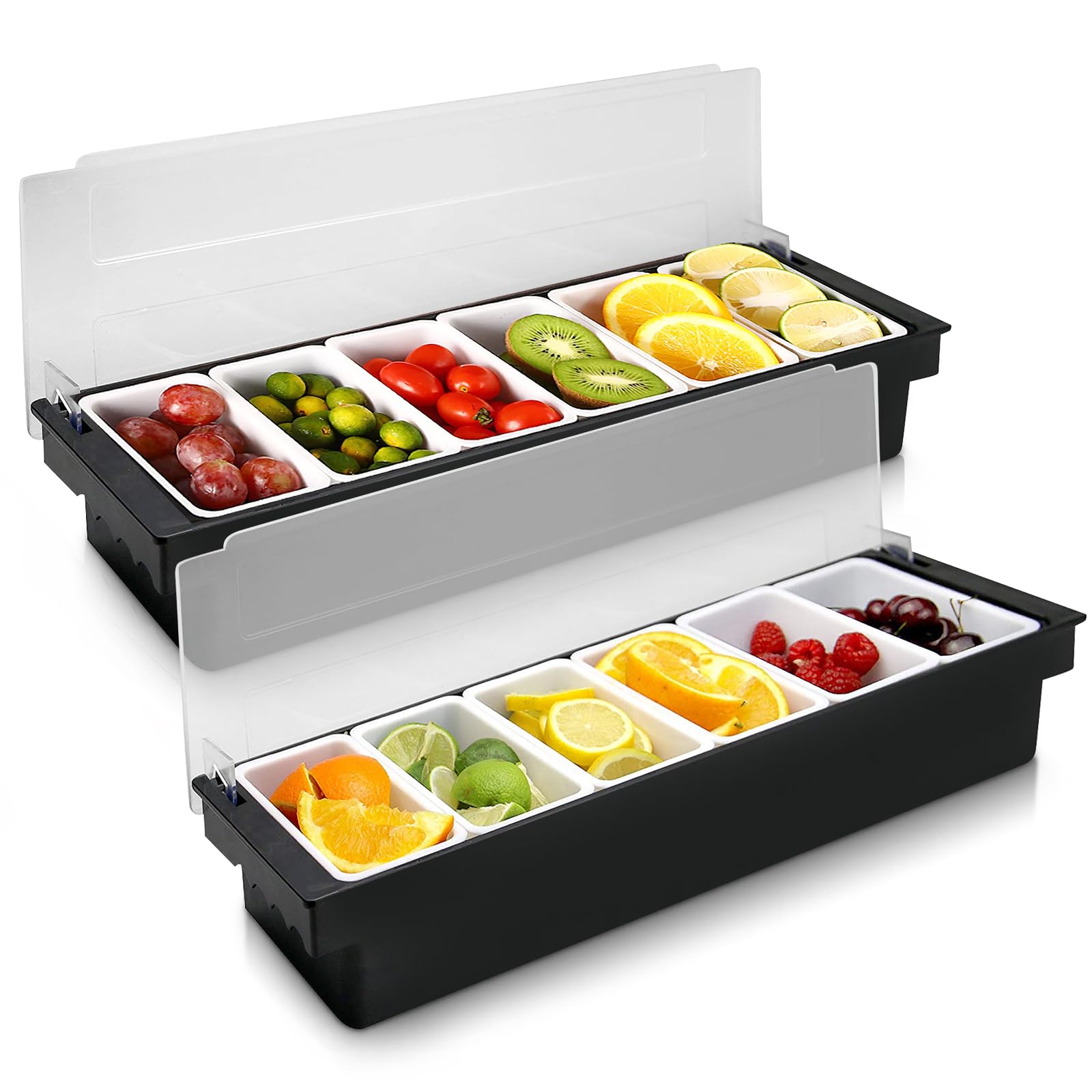 POWLAB2Pcs Ice Cooled Condiment Serving Container Fruit Veggie Condiment Caddy Plastic Garnish Station with Lid for Fruit ,Ice Cream,Salad Bar-Topping Organizer for Restaurant Supplies (6