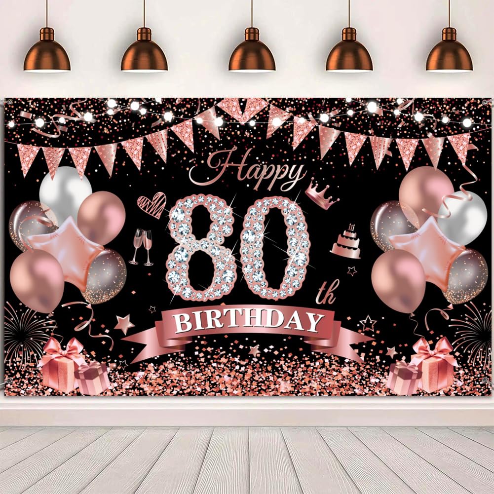 Yontree Happy 80th Birthday Banner 180 * 110cm Black Rose Happy Birthday Banner Backdrop 80th birthday Decorations for Girls Women, 80 Years Old Anniversary Party Supplies