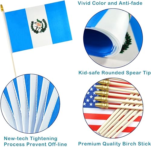 Miniatura 3 de QQSD Mini banderas de mano con bandera de Guatemala, palo de guatemala, poste de madera maciza con punta de lanza, paquete de 12