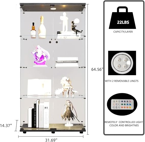 Modern 64.5'' Glass Display Cabinet in Clear with Lock and Lights, Lighted Curio Cabinet Collection Display Case, Floor Standing Showcase for Living Room Home Office