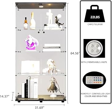 Modern 64.5'' Glass Display Cabinet in Clear with Lock and Lights, Lighted Curio Cabinet Collection Display Case, Floor Standing Showcase for Living Room Home Office