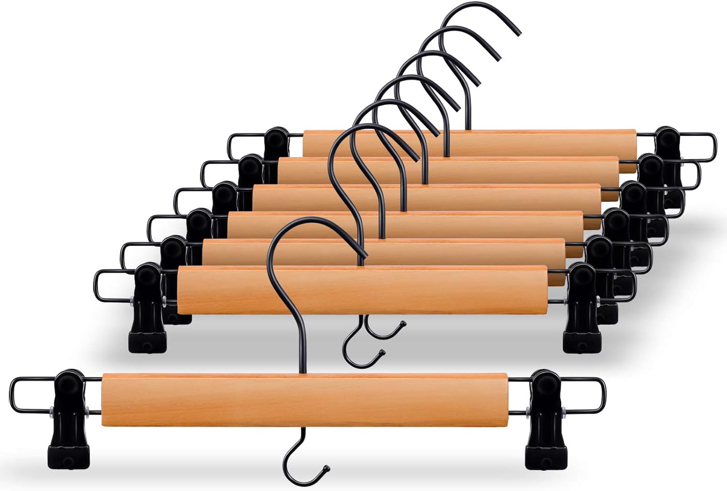 Premium Wooden Pants Hangers 10 Pack, Skirt Hangers with Two Sure Grip Clips, Noise Canceling Swivel Hook (Clear Natural)