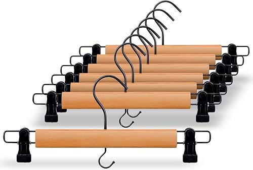 Perchas de madera prémium para pantalones, paquete de 10 perchas para faldas con dos clips de agarre seguro, gancho giratorio con cancelación de